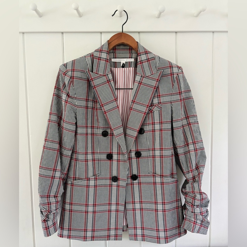 Veronica Beard Red and Navy Blazer Plaid Tailored Suit Jacket
